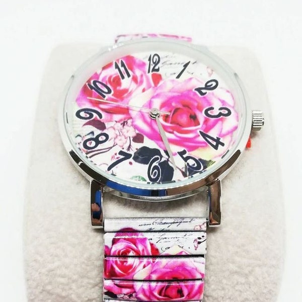 Montre femme quartz motif fleur rose acier inoxydable