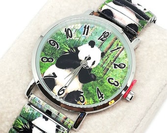 Reloj Reloj de Joyería Mujer Cuarzo Patrón Panda Zoológico Animales - Acero Inoxidable - Color Verde Plata - Regalos