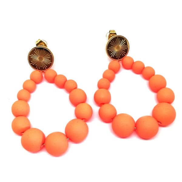 Boucles d'oreilles femme goutte en perles résine orange fluo mat - Bijoux Mode - Acier - Doré. [S] Petit modèle