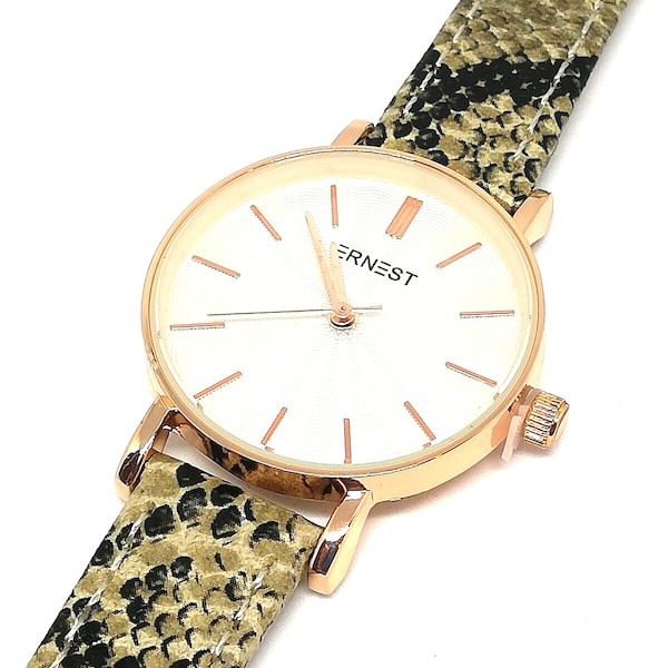 Montre watch femme chic quartz bracelet cuir véritable effet peau de serpent aiguille chiffre batton - Rose Gold