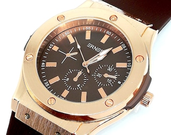 Montre Watch Chic Homme Men Luxe Tendance Bande Silicone Marron Métal Rose Gold Doré