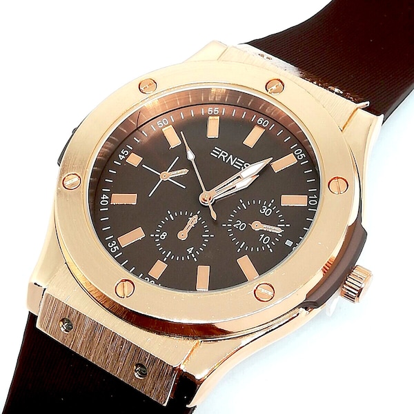 Montre Watch Chic Homme Men Luxe Tendance Bande Silicone Marron Métal Rose Gold Doré