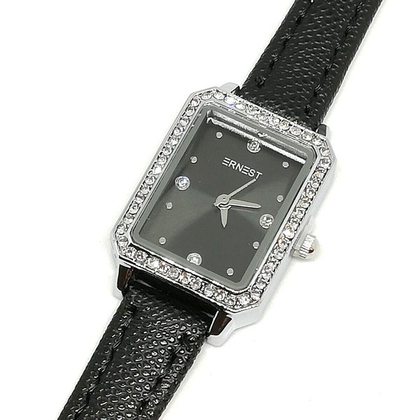 Montre watch femme chic quartz bracelet cuir véritable cadran aiguille diamants & strass - Noir argenté.