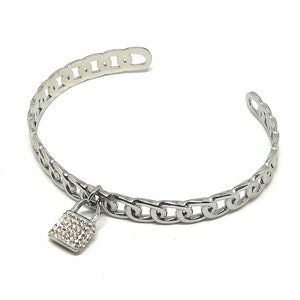 Armband Vrouw Open Rush Links met Hangslot Diamond Hangslot Zilver Staal