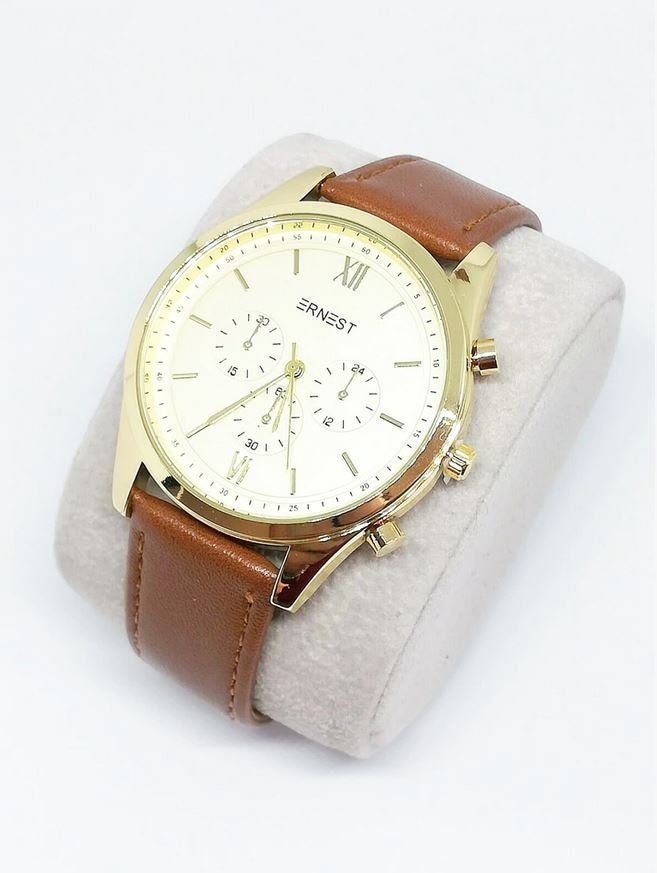 Reloj de lujo para hombre con esfera dorada de cuero marrón de moda