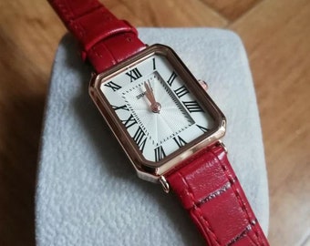 Montre watch femme chic quartz bracelet cuir véritable cadran aiguille chiffre romain - Rouge Or Rose
