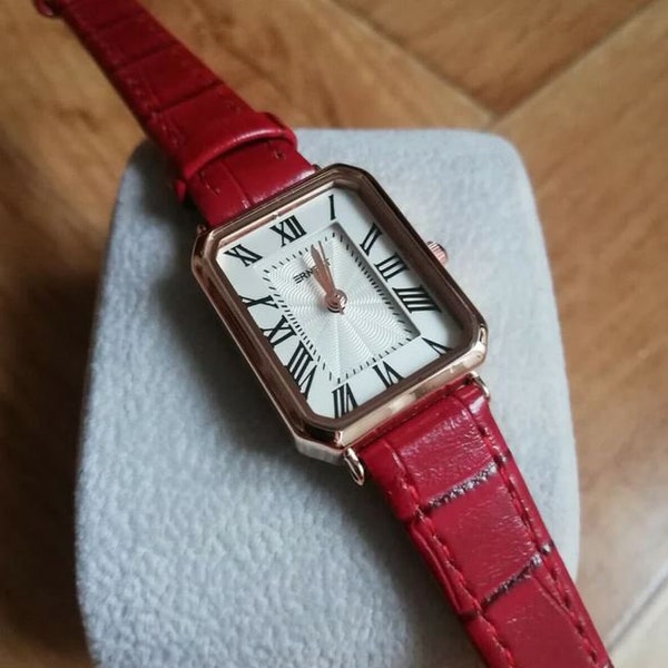 Montre watch femme chic quartz bracelet cuir véritable cadran aiguille chiffre romain - Rouge Or Rose