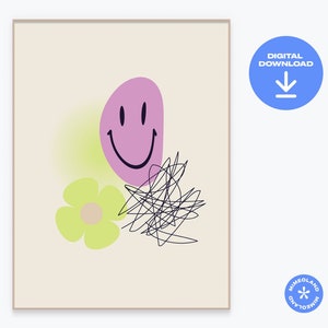 Minimalist Smiley Face Flower Scribble, Yellow Purple Pink Modern Wall Art, Digital Download Printable, Trendy Home Decor, Teen