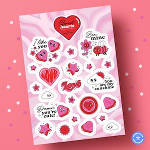 Love Gift Wrapping Scrapbooking Stickers | 22pc | Sweet Hearts Retro Cartoon Candy Hearts Sticker Pack | Stationary