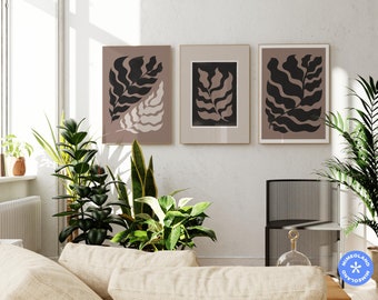 Abstract Leaves Wall Art 3 Piece Bundle | Neutral Espresso Cream | Printable Digital Download