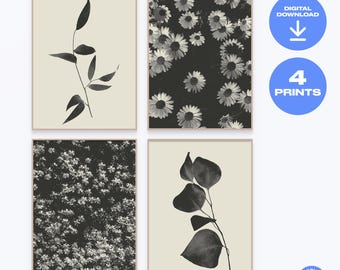 Lot de 4 sérigraphies vintage fleurs noir et blanc, impression d'art mural 4 pièces - noir et blanc - imprimable en téléchargement numérique
