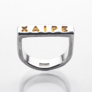 Verba Ancient Greek Quote Xaipe Silver Ring With Message, Gold Plated Personalised Gift For Her Him, 925 Sterling Silver, Rings For Women