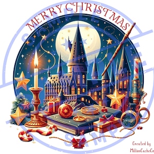 以下が含まれることがあります： 満月の下の城を描いたデジタルイラストで、「MERRY CHRISTMAS」の文字が円形にデザインされています。点灯したろうそく、星、ギフト、杖が含まれており、お祝いのホリデーテーマを作成しています。
