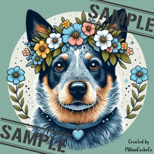 Naklejka z motywem korony dla psa | Portret australijskiego psa rasy blue heeler | Prezent dla mamy psa | Formaty PNG i SVG