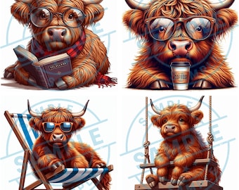Highland Cow Illustration - Cute Highland Cow with Glasses | Digital Download for DIY Projects & Gifts for Animal Lovers