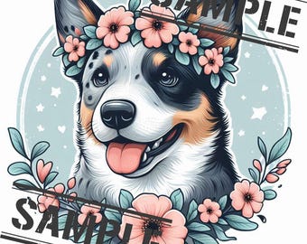 Blue Heeler with Flower Crown Design | Cute Dog PNG & SVG Graphics for Pet Lovers | Digital Download Art