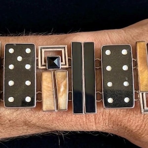Echo of the Dreamer Sterling Silver Domino Bracelet: Bakelite, Tourmaline, Mother of Pearl