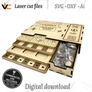 Pacote de jogos de tabuleiro SVG cortados a laser – Cobras e escadas, xadrez, damas, jogo da velha + estojo – DXF, IA, download instantâneo com licença comercial