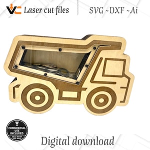 Dump Truck Piggy Bank SVG – Laser Cut Files for Glowforge & xTool – DIY Wooden Coin Bank Digital Download – Includes svg, dxf, ai