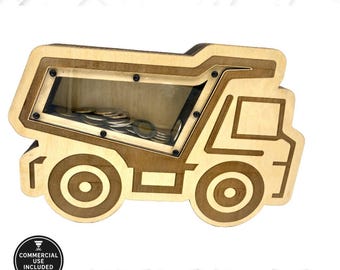 Dump Truck Piggy Bank SVG – Laser Cut Files for Glowforge & xTool – DIY Wooden Coin Bank Digital Download – Includes svg, dxf, ai