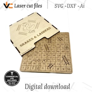 Jogo Snakes and Ladders SVG | Arquivo de corte a laser para Glowforge e xTool | Bible Ups and Downs | Jogo de tabuleiro digital de madeira com caixa