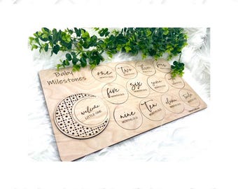 Digital SVG AI DXF Files Laser Engraving Rattan Moon Milestones Set with wooden case. Baby shower gifts for expectant mothers