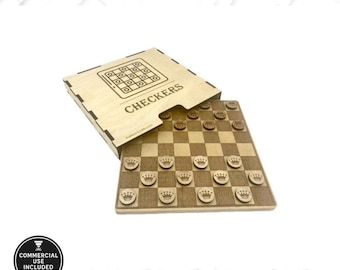 Laser Cut Checkers Game Board with Case & Sleeve | SVG DXF Ai Files | DIY Digital Download | Compatible with Glowforge, LightBurn, xTool