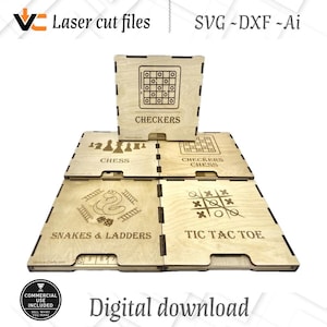 Family Game Night SVG-bundel – lasergesneden bordspellen voor Glowforge, – schaken, dammen, slangen en ladders, boter-kaas-en-eieren, commercieel gebruik