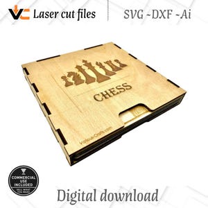 Lasergesneden schaakbord met koffer en stukken | Digitale SVG-DXF-Ai-bestanden | DIY-schaakset voor Glowforge xTool LightBurn