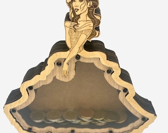 Digital SVG, DXF and AI files to Make Laser cut Princess Piggy Bank Vector file—kid's fun laser projects.