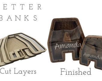 2 digital files (SVG, Ai, DXF) for "A" letter piggy banks in 12-inch and 8-inch sizes for laser cutting.