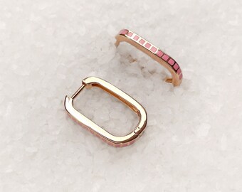 Small Colorful Enamel Hoop Earrings, Pink Enamel Rectangular Hoops, Square Hoop Earrings, Square Shape Pink Enamel  Hoop Earrings- AGAPE