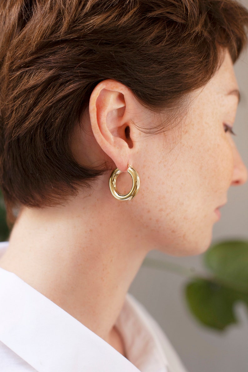 Minimal chunky gold earrings, Minimalist earrings, Gold hoops, Chunky hoop earrings, Thick gold hoops, Gold filled hoops EUNOIA image 2