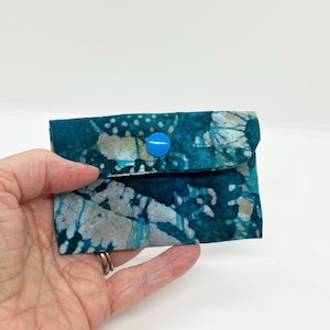 Small Sustainable Blue Green Batik Wallet - Upcycled Cotton Card and Cash Pouch.