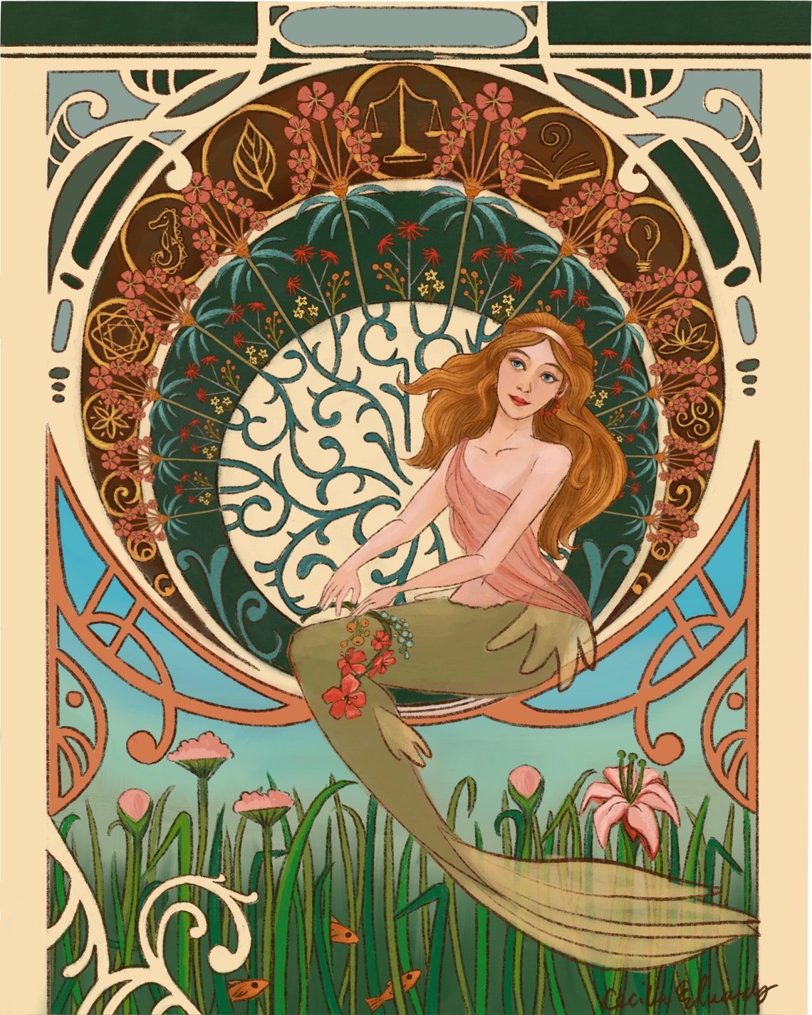 Alphonse Mucha Art Nouveau Mermaid Digital Artwork Illustration Etsy
