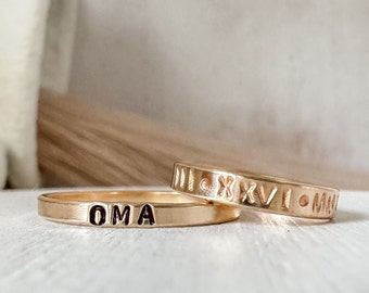 Tiny Gold Name Ring - Dainty 14KT Gold Filled Name Ring - Personalized Stacking Ring - 2mm Stacker Rings - Name or Date Rings - Gift For Her