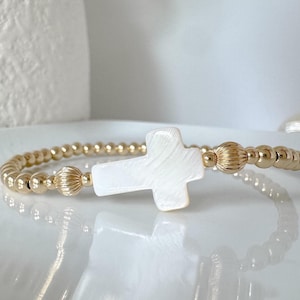 14kt Gold Filled Pearl Cross Bracelet: Beaded Stacking Jewelry
