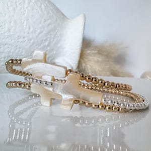 Sterling Silver Pearl Cross Beaded Bracelet - Stretchy Stacking Bead Bracelet - Cross Bead Bracelet - Christian Jewelry - Gift For Her