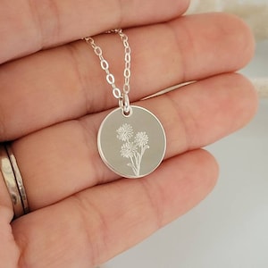 Birth Month Flower Necklace, Flower Necklace, Any Birth  Month, Personalized Birth Flower, Gold or Rose Gold or Sterling Silver, 5/8&quot; Disc