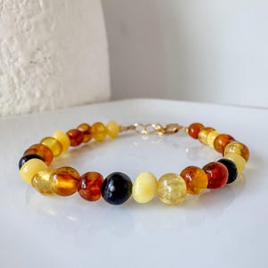 Peut inclure: Un bracelet de perles ambrées de différentes couleurs, allant du jaune clair au brun foncé et noir. Les perles sont reliées par un fermoir doré. Le bracelet est présenté sur une surface blanche.