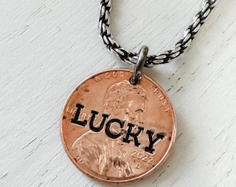 Lucky Penny-ketting - handgestempeld aangepast cadeau - Sterlingzilveren ketting - Lucky Penny-ketting voor kinderen - elk jaar Penny - muntsieraden