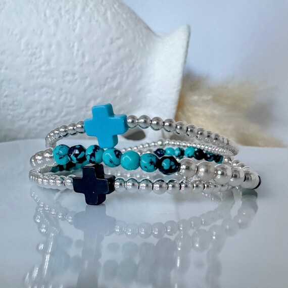 Sterling Silver and Turquoise Bead Bracelet, Solid Sterling Silver Cross Bead Bracelet, Silver Beaded Stack Bracelet, Stacking Bead Bracelet