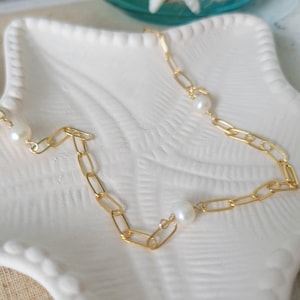 Paperclip Freshwater Pearl Necklace, 14kt Gold Filled or Sterling Silver Paperclip Chain, Freshwater Pearl Necklace, Layering Necklace, Gift