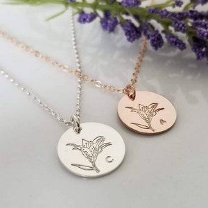 Lily Flower Initial Necklace, Flower Necklace, Lily Flower Necklace, Personalized Initial Necklace, Gold or Rose Gold or Sterling Silver
