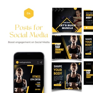Peut inclure: Image promotionnelle de publications sur les r&eacute;seaux sociaux pour une salle de sport. Le design utilise des &eacute;l&eacute;ments noirs et jaunes avec des images d'une femme s'entra&icirc;nant. Le texte comprend "Let's Build Muscle", "Shape Your Body" et "Start Training Today".