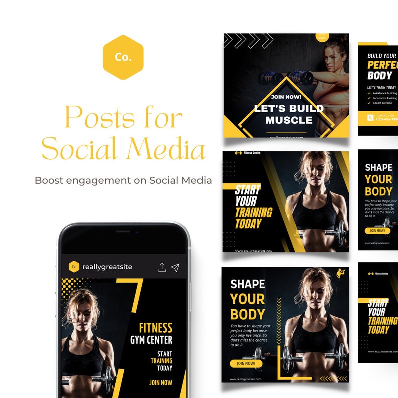 Peut inclure: Image promotionnelle de publications sur les r&eacute;seaux sociaux pour une salle de sport. Le design utilise des &eacute;l&eacute;ments noirs et jaunes avec des images d'une femme s'entra&icirc;nant. Le texte comprend "Let's Build Muscle", "Shape Your Body" et "Start Training Today".