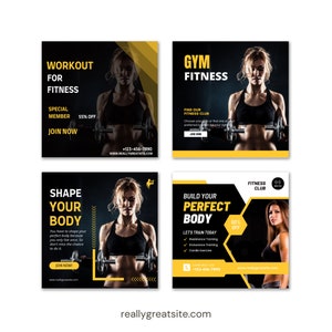 Peut inclure: Quatre graphiques promotionnels sur le th&egrave;me du fitness, avec un code couleur noir et jaune. Chaque graphique pr&eacute;sente une femme soulevant des poids. Le texte comprend "Workout for Fitness", "Gym Fitness", "Shape Your Body" et "Build Your Perfect Body".