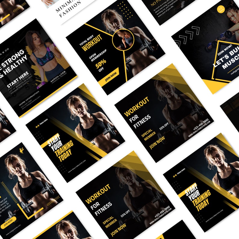 Peut inclure: Plusieurs graphiques publicitaires de fitness noirs et jaunes. Chaque graphique pr&eacute;sente une femme s'entra&icirc;nant avec des poids, avec du texte promouvant des programmes d'entra&icirc;nement, des offres d'adh&eacute;sion et la phrase "Start Your Training Today."