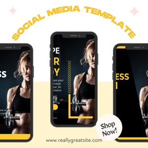 Peut inclure: Mod&egrave;le de m&eacute;dias sociaux sur le th&egrave;me du fitness, affich&eacute; sur trois smartphones. Le t&eacute;l&eacute;phone central pr&eacute;sente une femme soulevant des poids, avec du texte jaune et blanc. Les mots "PERFECT BODY" sont visibles, ainsi qu'un appel &agrave; l'action "Shop Now!"