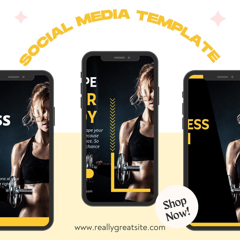 Peut inclure: Mod&egrave;le de m&eacute;dias sociaux sur le th&egrave;me du fitness, affich&eacute; sur trois smartphones. Le t&eacute;l&eacute;phone central pr&eacute;sente une femme soulevant des poids, avec du texte jaune et blanc. Les mots "PERFECT BODY" sont visibles, ainsi qu'un appel &agrave; l'action "Shop Now!"